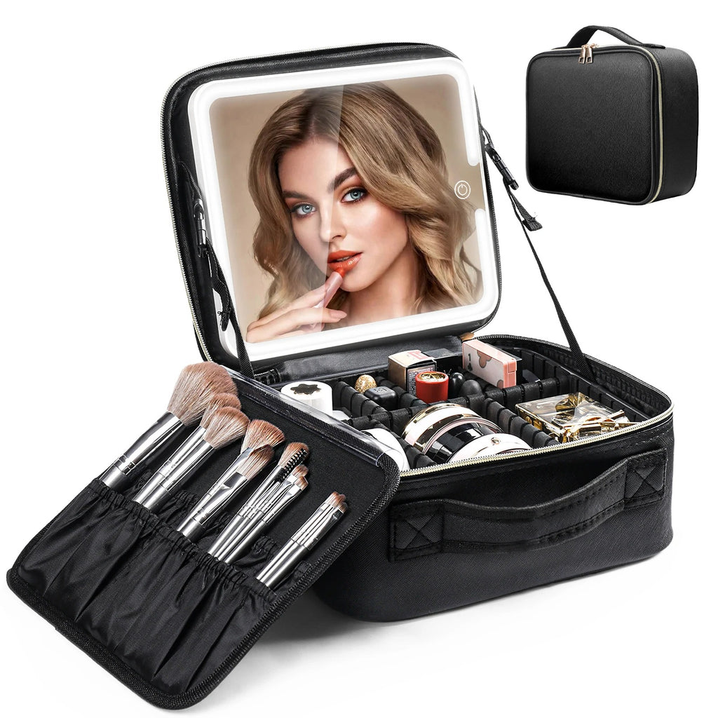 Portable Makeup Bag with LED Light Mirror – Travel Cosmetic Organizer