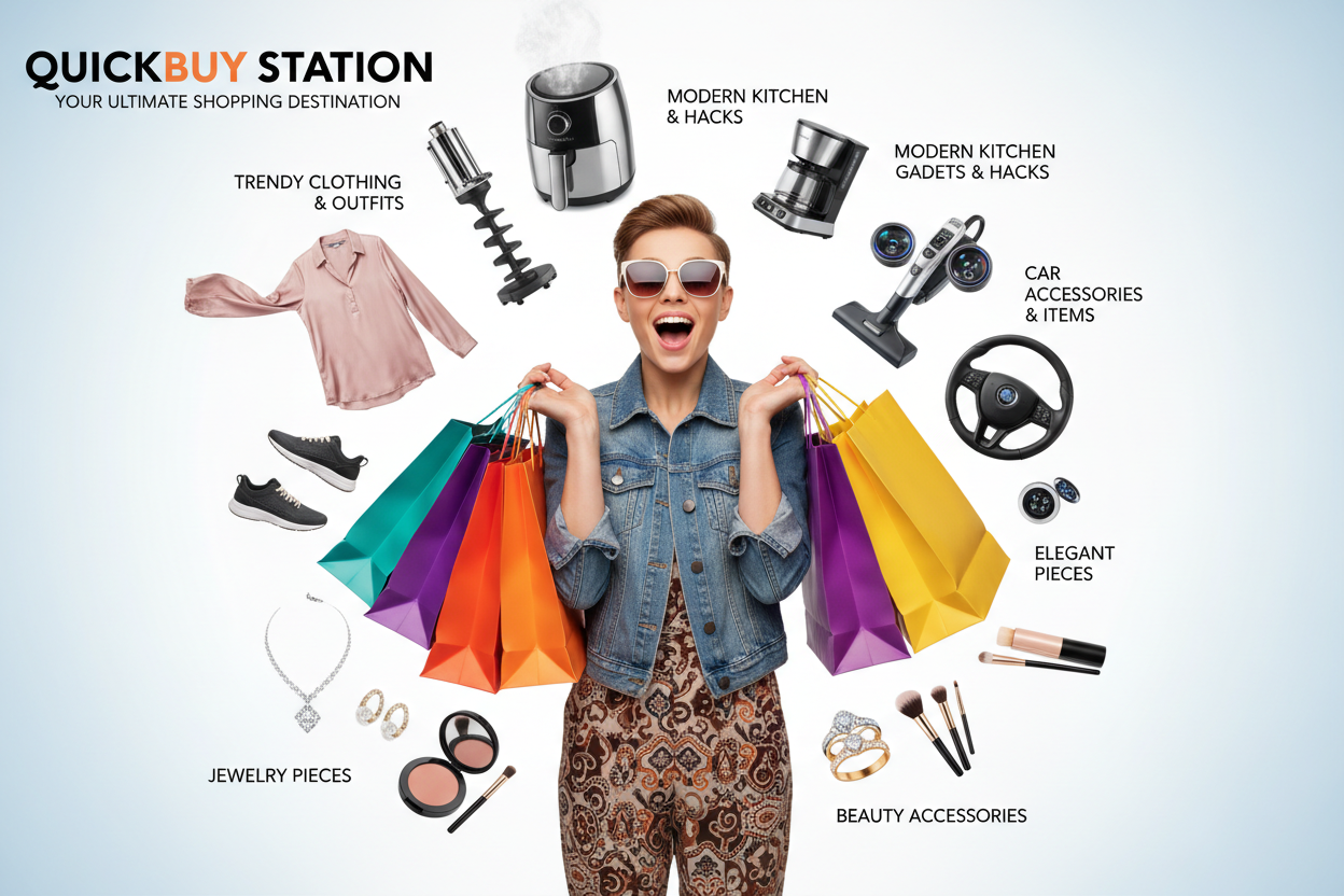 so for my store in shopify which called QuickBuy Station can you give me some picturers i can use for hero page . remide you my store have different niches such as cloths, kitchen hack, car items, outfits , jewleries , etc .. i want all that and someone in the middle impressed and carrying bags of shopping with sunglaces on 