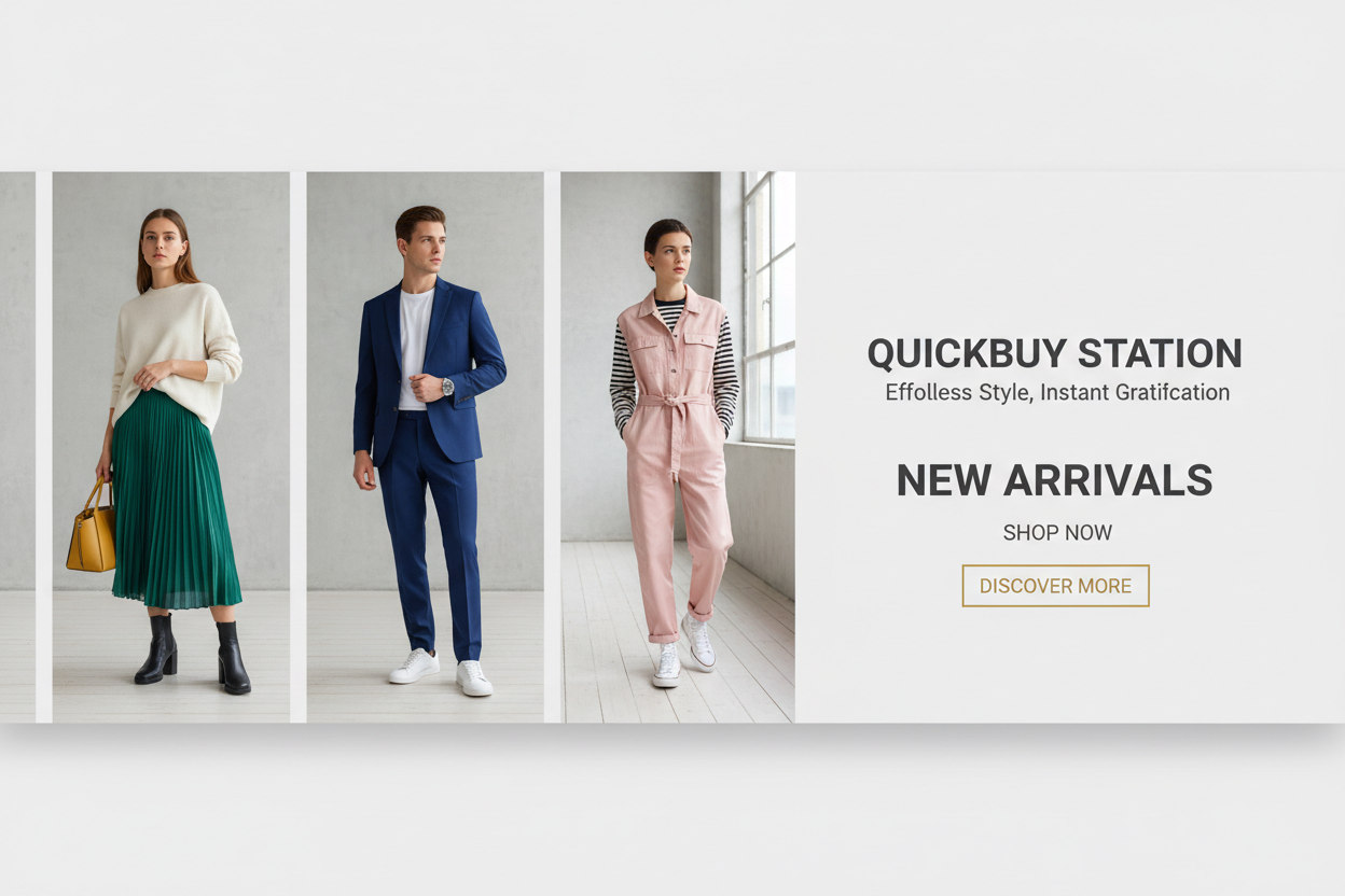 so for my store in shopify which called QuickBuy Station can you give me some picturers i can use for slide page . remide you my store have different niches such as cloths, kitchen hack, car items, outfits , jewleries , etc ..